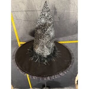 Happy Halloween Spider Witch Hat NWT OS Black Silver Web Tinsel Ruffle Brim